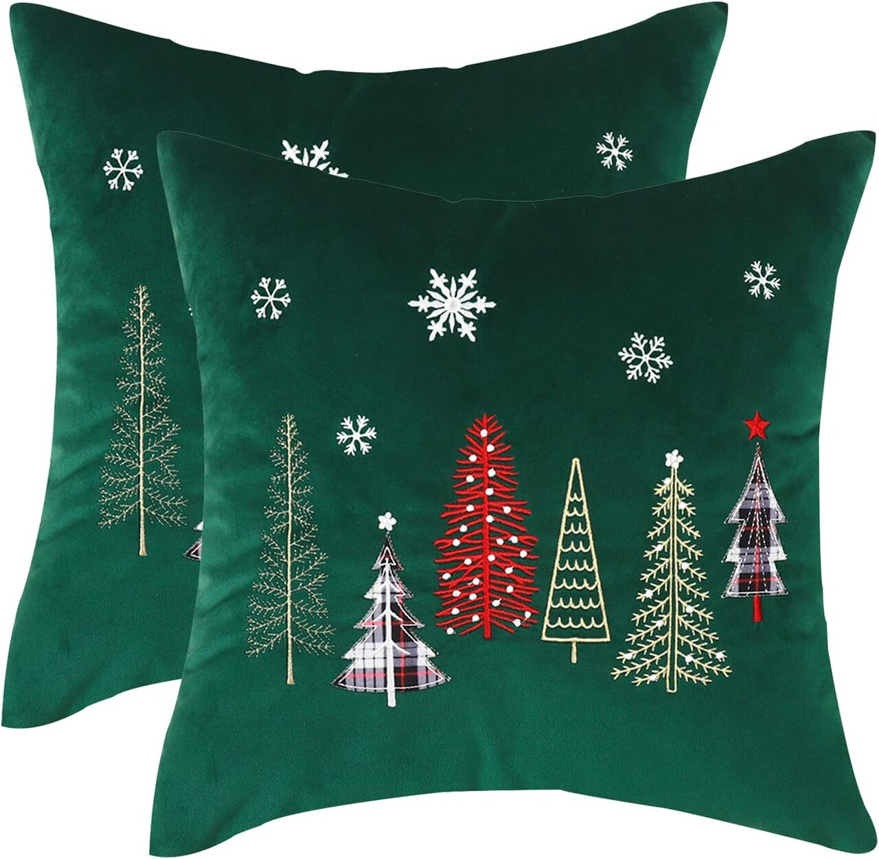 Christmas Pillow Covers 18x18 Set of 2, Forest Green Velvet Throw Pillow Covers with Embroidered Xmas Trees & Snowflakes – Soft Square Holiday Cushion Cases